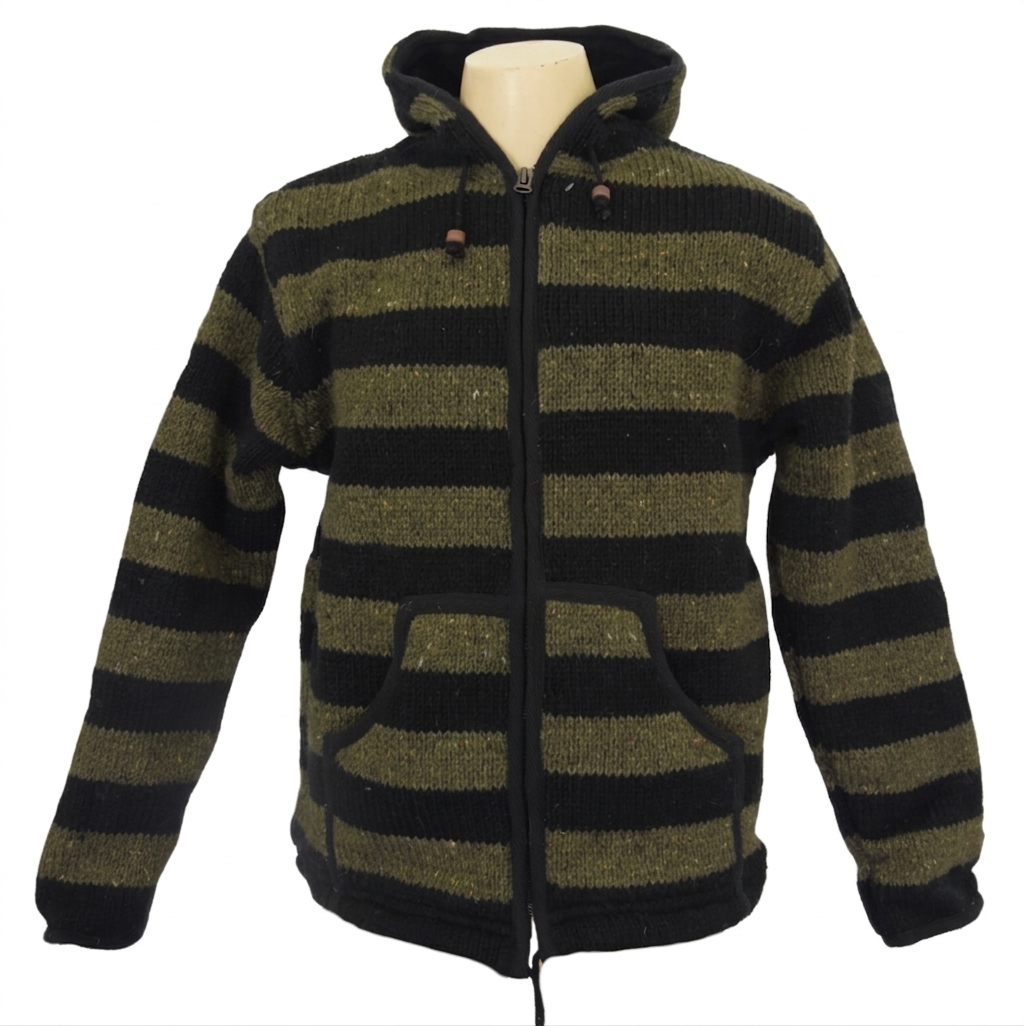SKA Green and Black Stripes Fleece Wool Hoodie