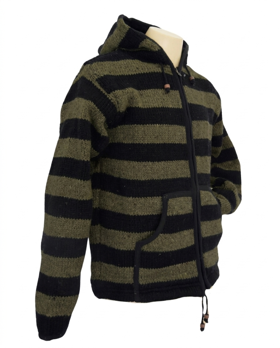 SKA Green and Black Stripes Fleece Wool Hoodie