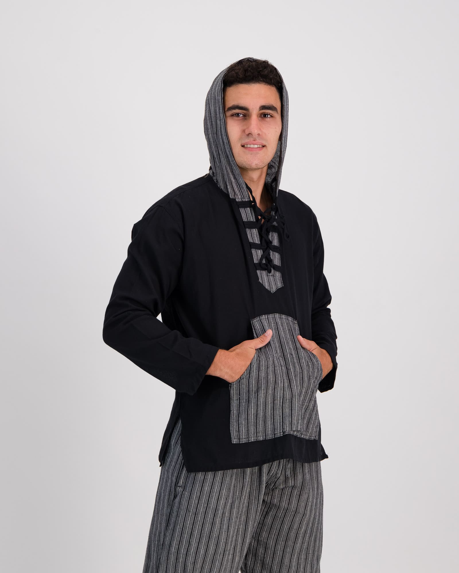 Plain Stripe Kurta Hoody - Black