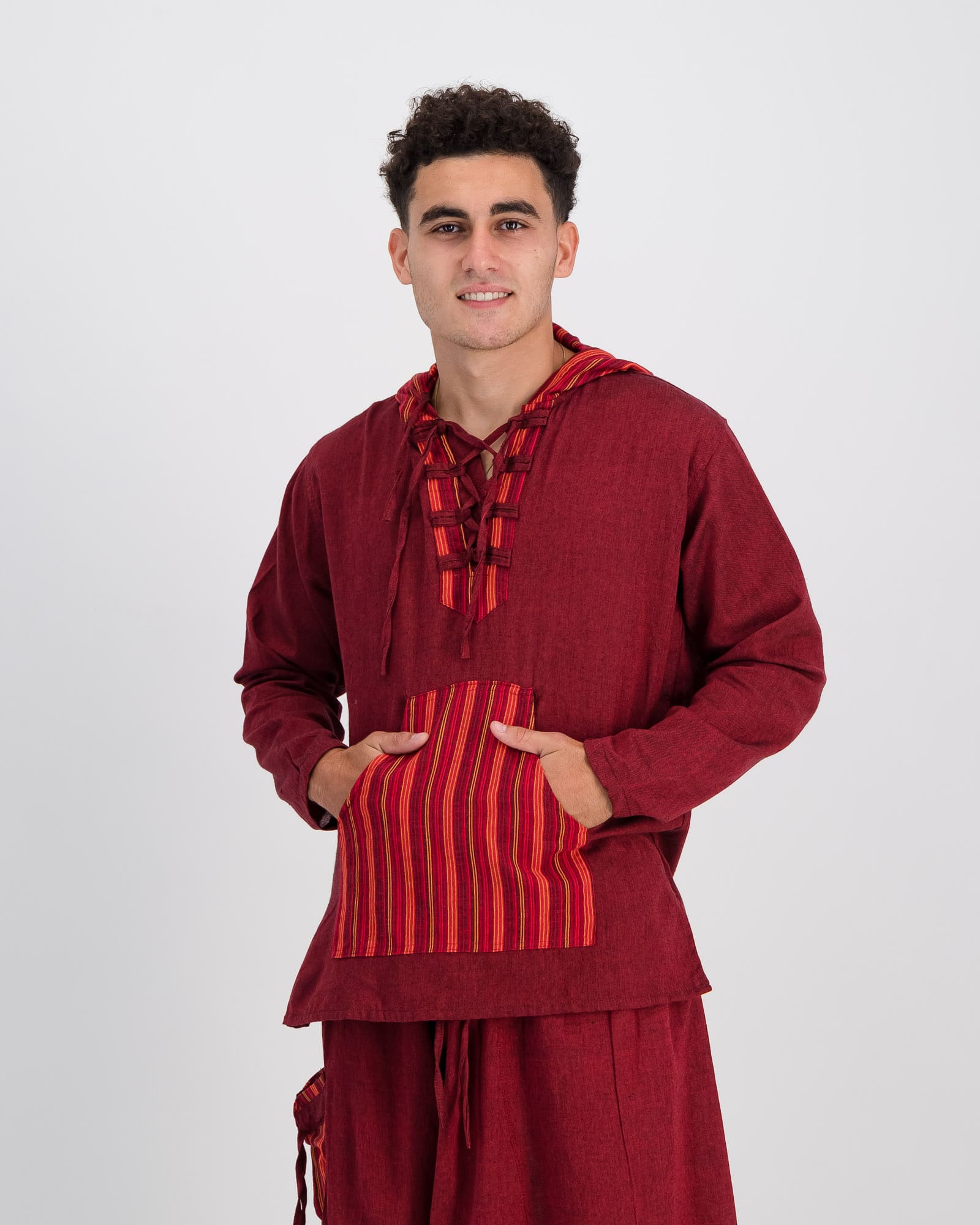 Plain Stripe Kurta Hoody - Red