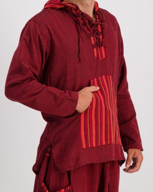 Plain Stripe Kurta Hoody - Red - Image 3