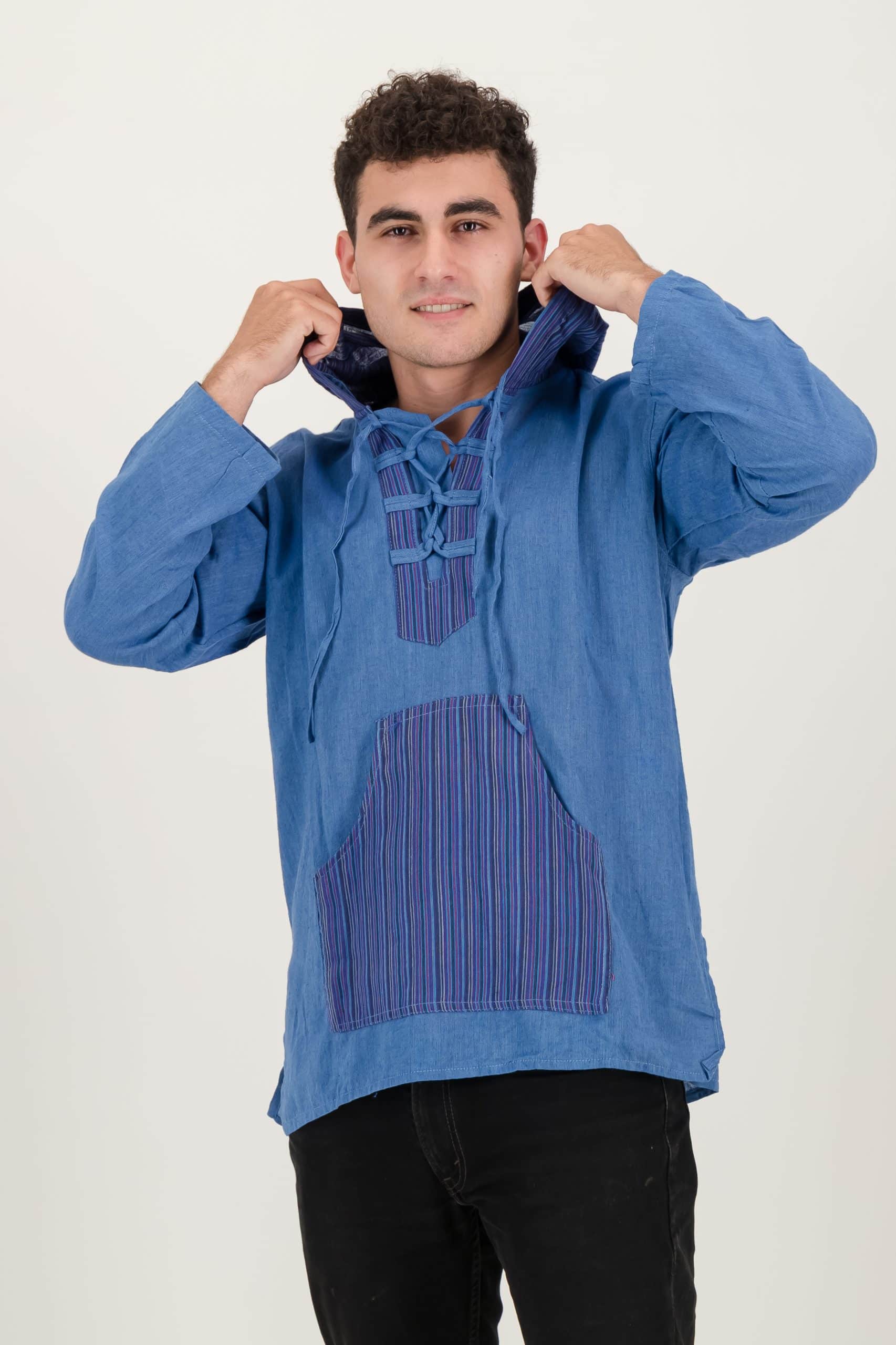 SKA Plain Stripe Kurta Hoodie- Blue