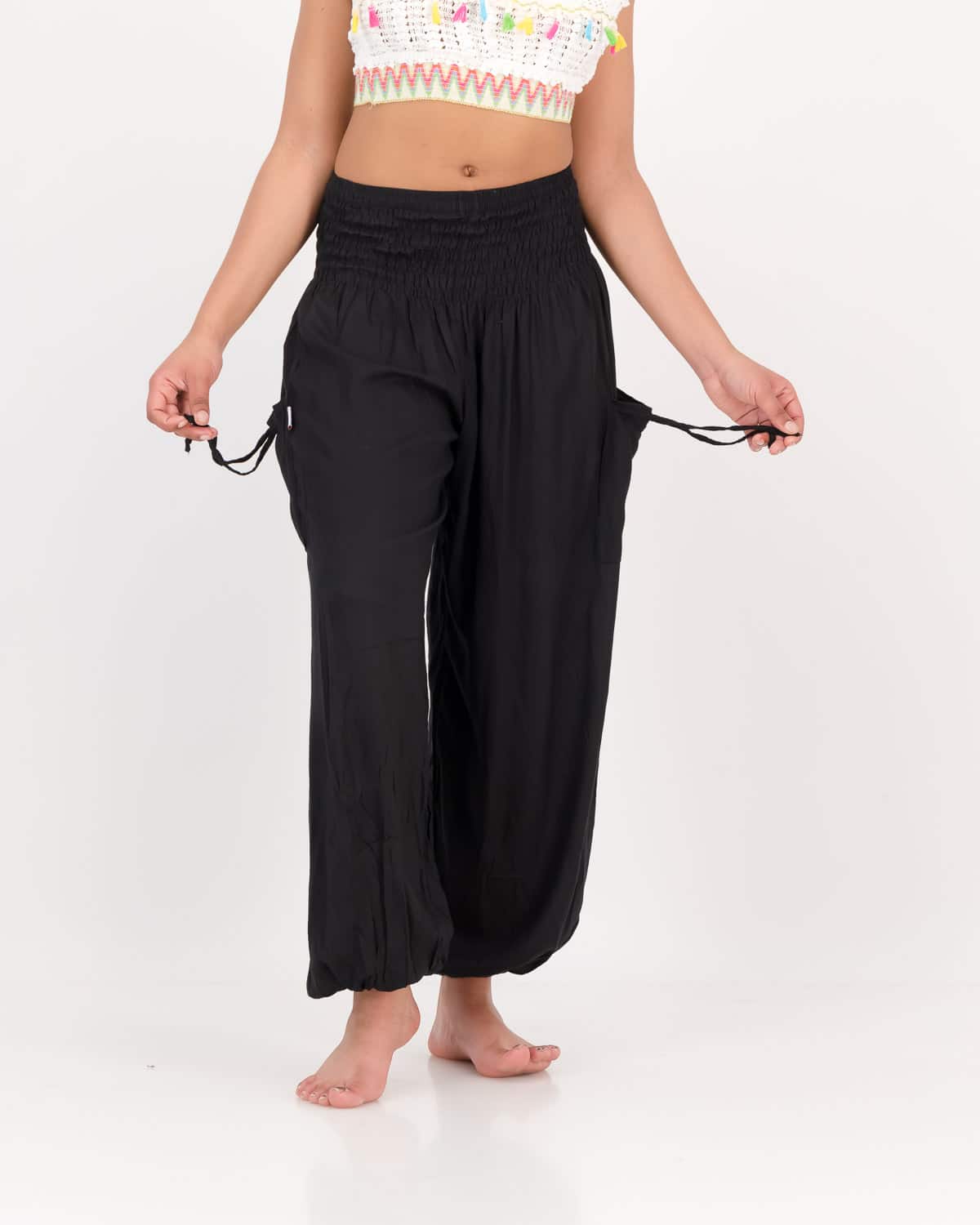 SKA Plain Smocked Waist Yoga Aladdin Pants - Black