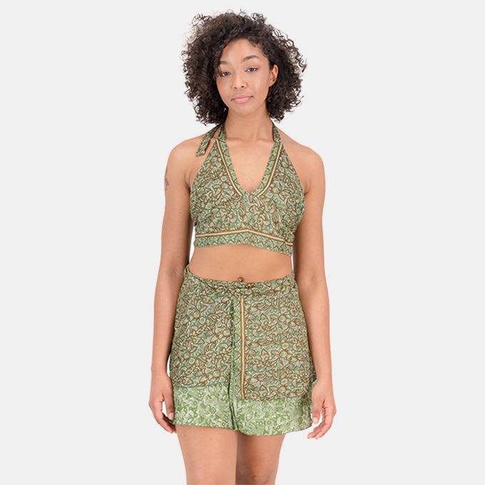 SKA Viscose 2 Pieces Set of Tie Halter Crop Top + Wrap Mini Skirt- Paisley Green