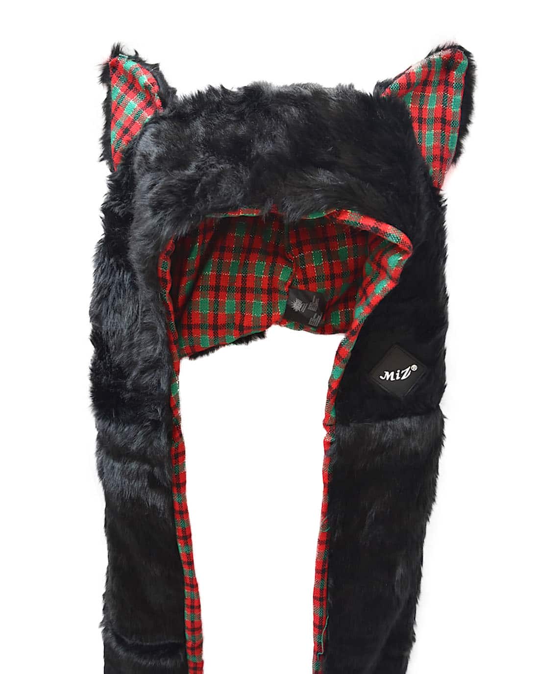 SKA Soft Furry Bear Hat Beanie Hood 3 in 1 Scarf Gloves Mittens- Check Print Black Red Green