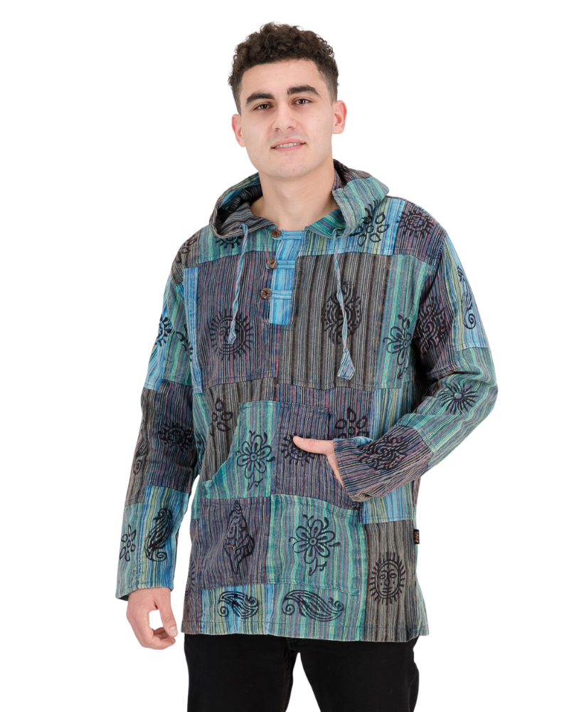 SKA Nepal Cotton Hippie Ethnic Striped Stonewashed Hoodie- Blue