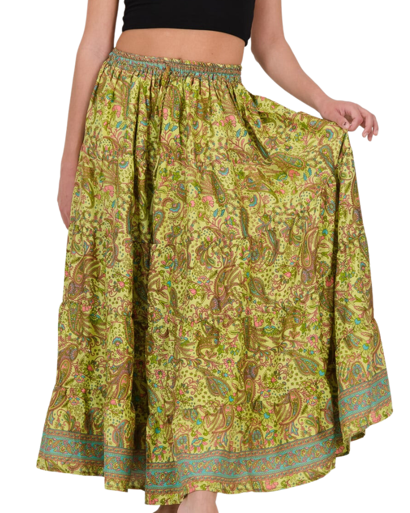SKA Maxi Boho Gypsy Skirt- Paisley Lime Green