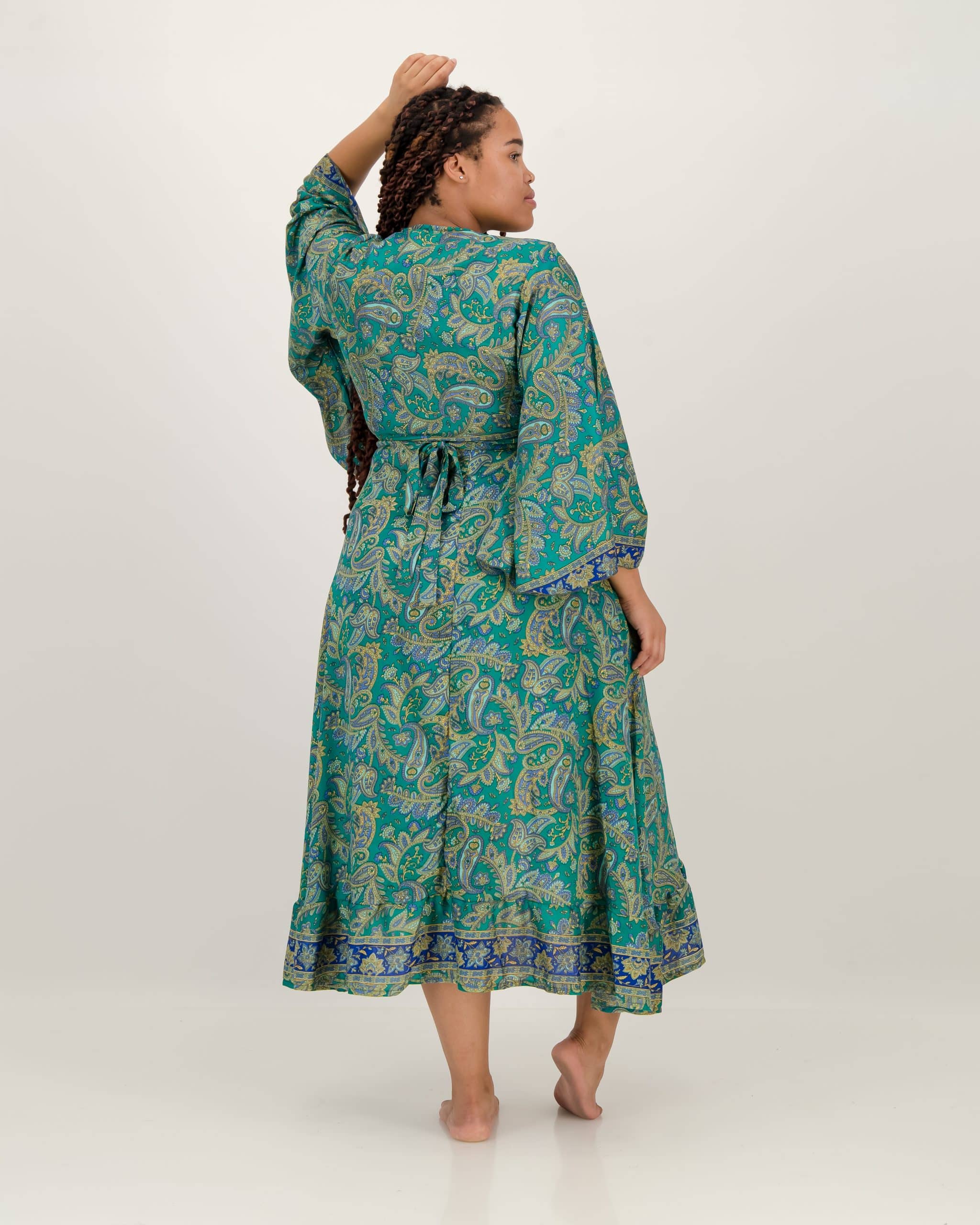 SKA Boho Flare Bell Sleeves Maxi Wrap Kimono Dress- Ibiza Green