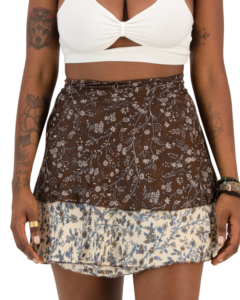 SKA Thai Viscose 2 Layers Wrap Mini Skirt- Chocolate Brown Flowers