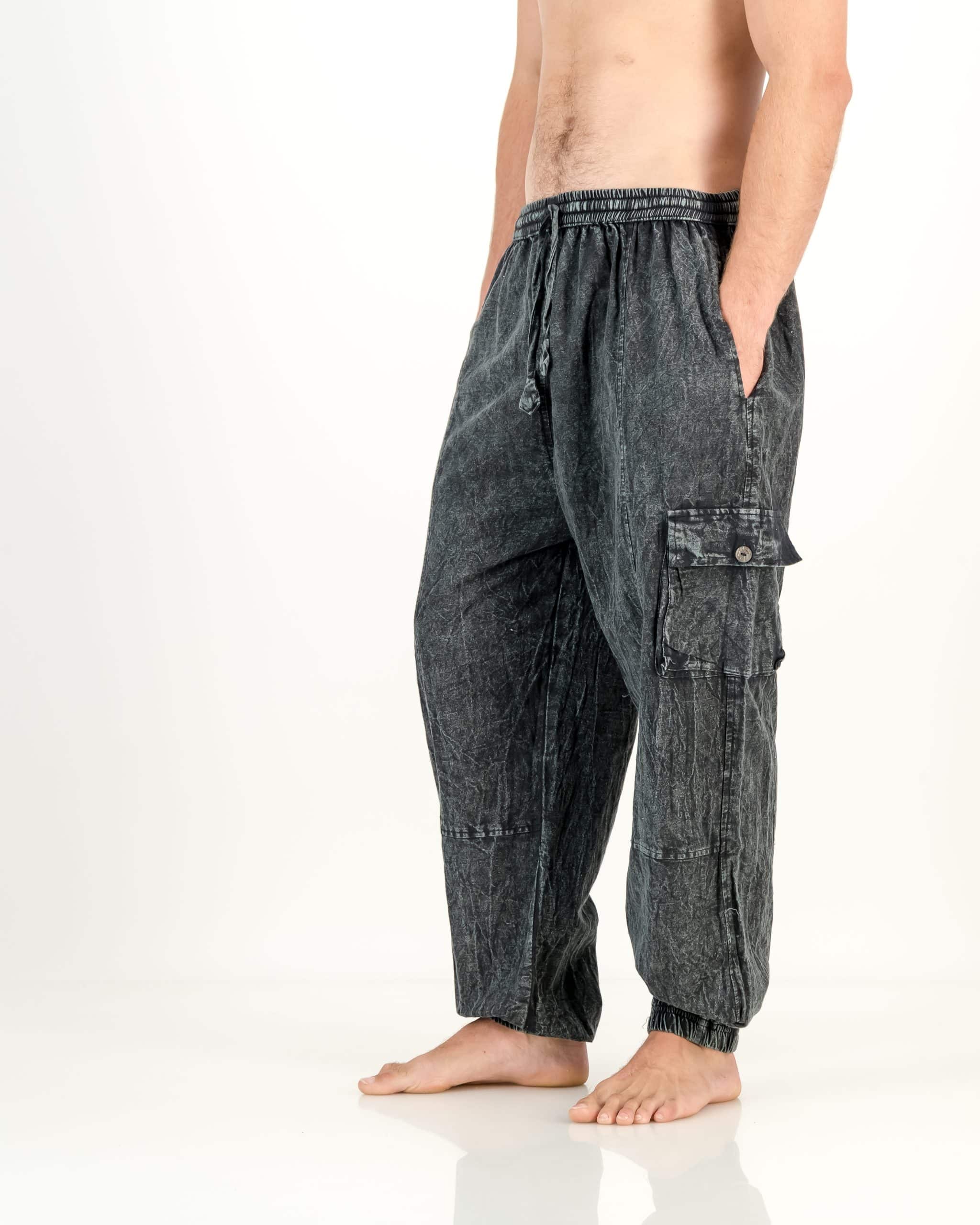 SKA Hippie Nepalese Stonewashed Ankle Cuffs Cargo Pants- Plain Black