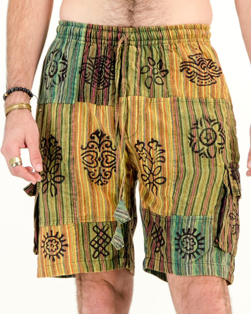 SKA Hippie Stonewashed Blockprint Patchwork Cargo Shorts- Khaki