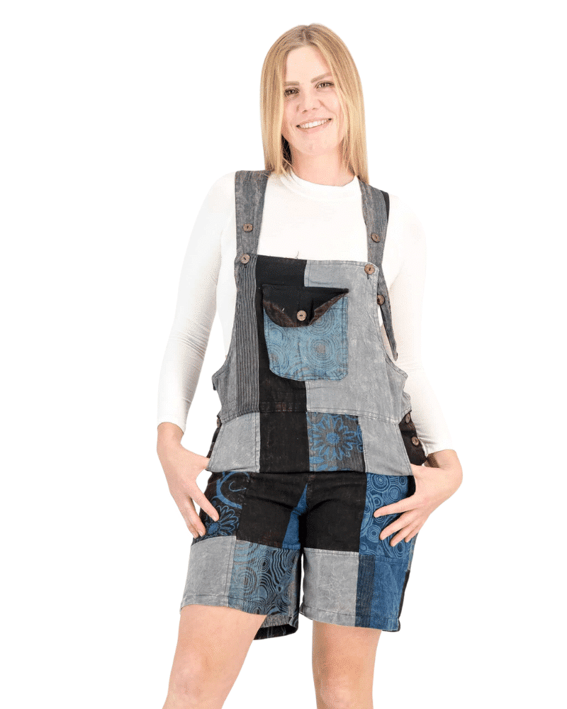 SKA Nepalese Flower Stonewashed Short Patchwork Dungarees