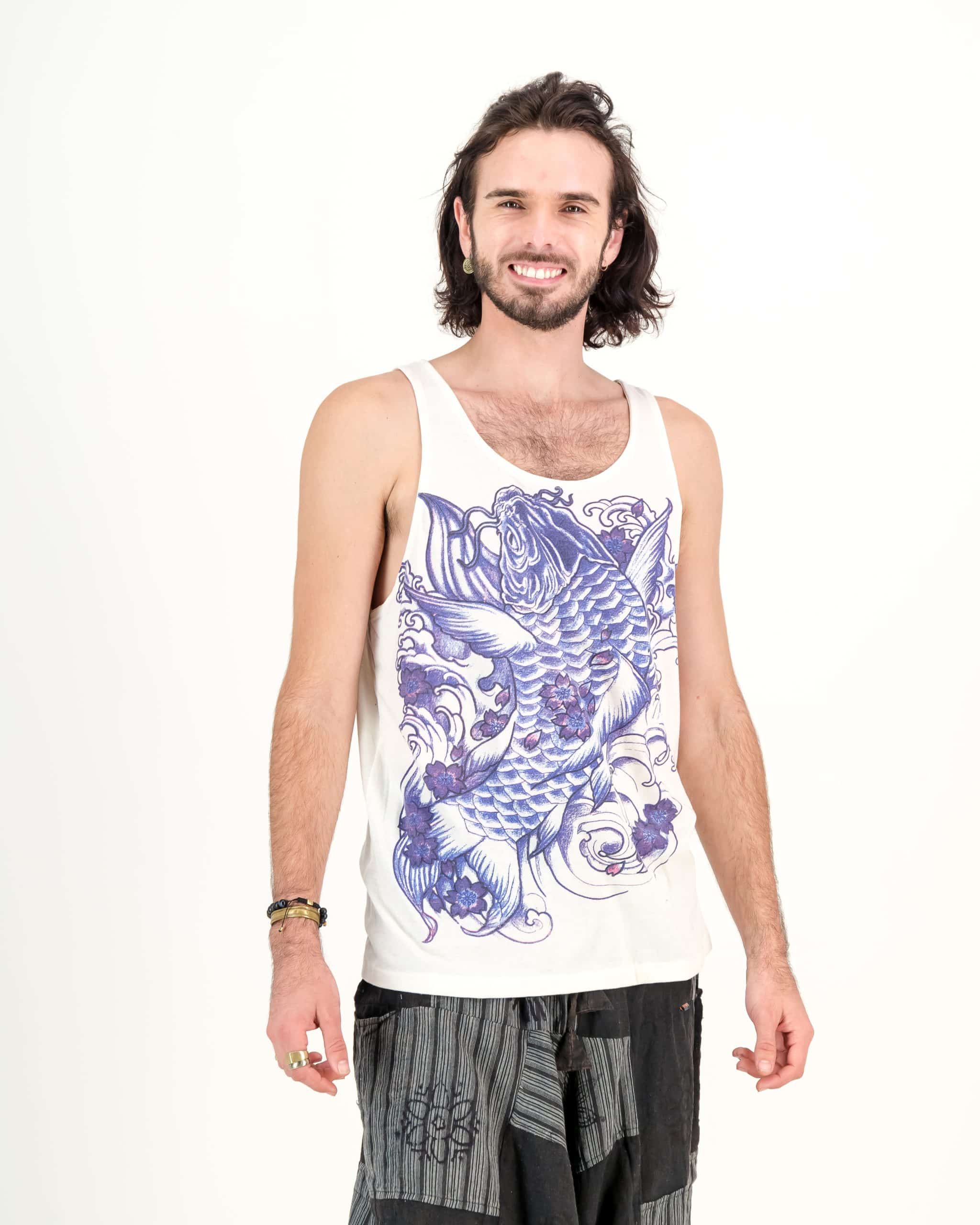 SKA Muay Thai Tattoo Carp Koi Fish Vest Tank Top- White