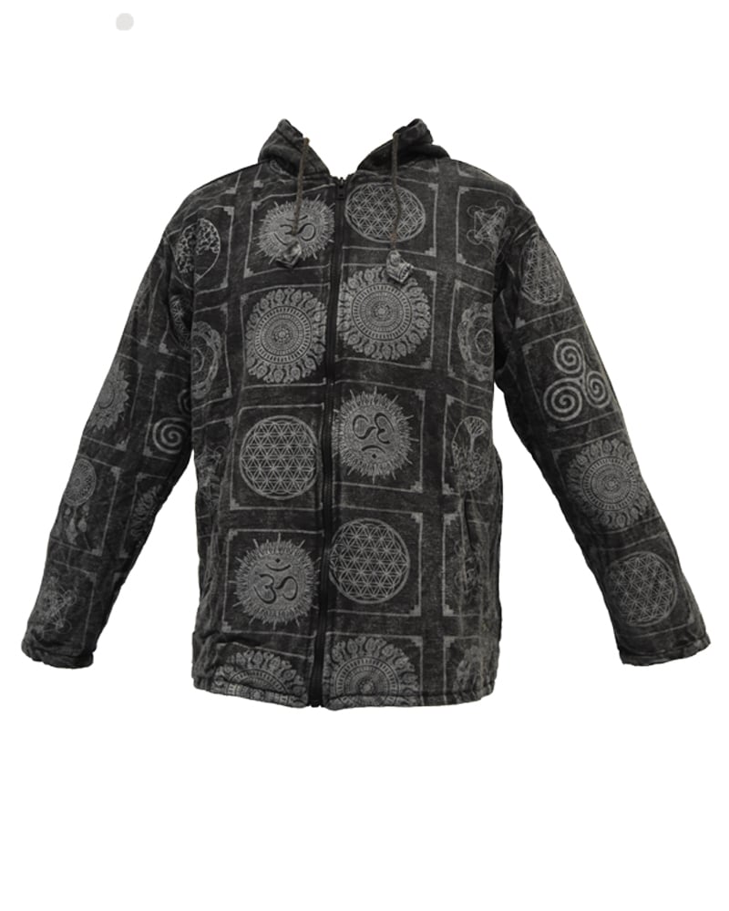 SKA Nepalese Zip up Hoodie Stonewash with Block Symbols Jacket Lined with Fleece - Black