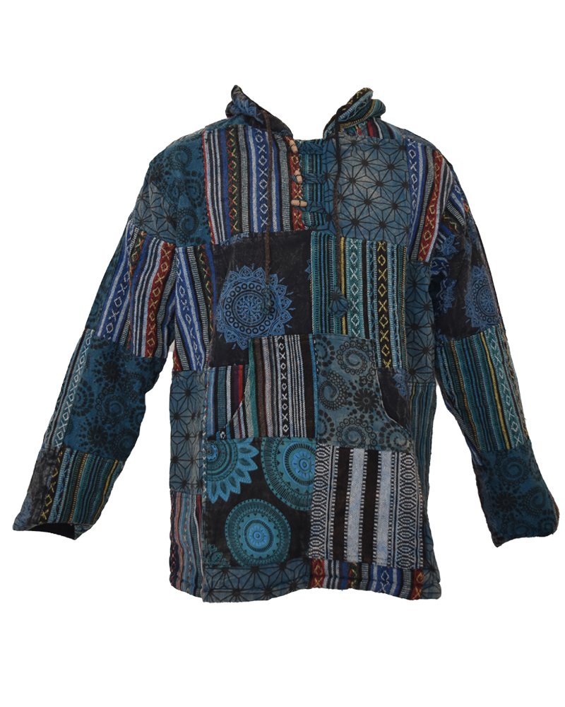 SKA Nepalese Cotton Fleece Lined Hoodie with Patchwork Stonewashed Tribal Symbols- Unisex