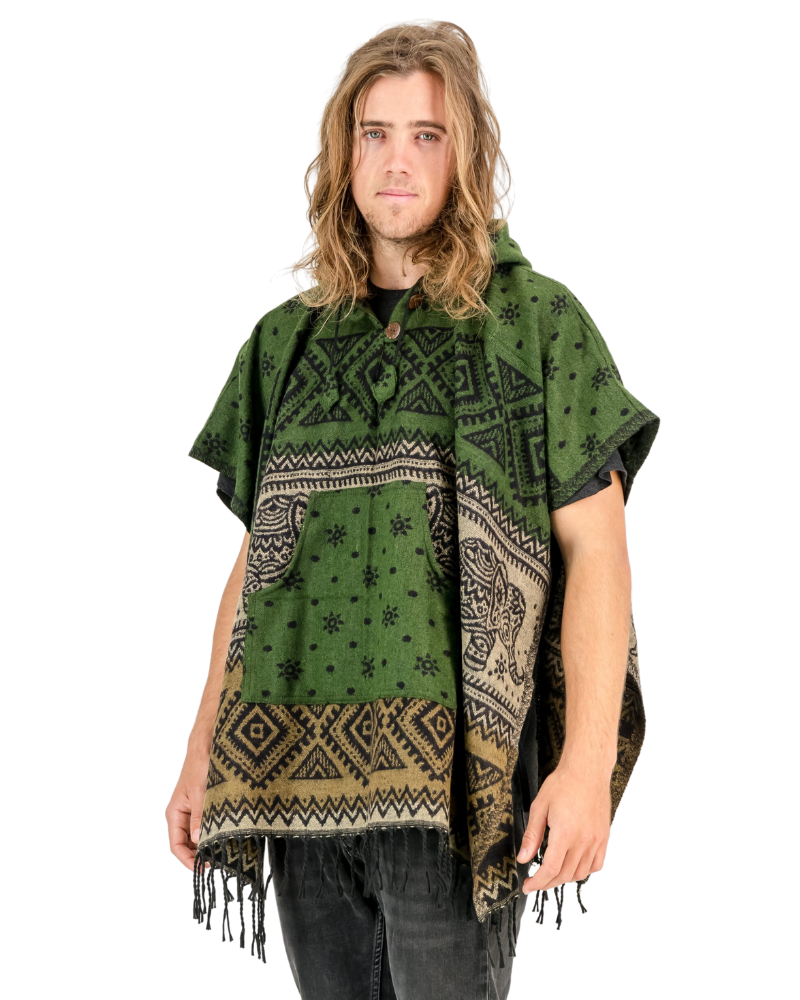 SKA Elephant Square Hoodie Poncho With Tassels- Green Natural