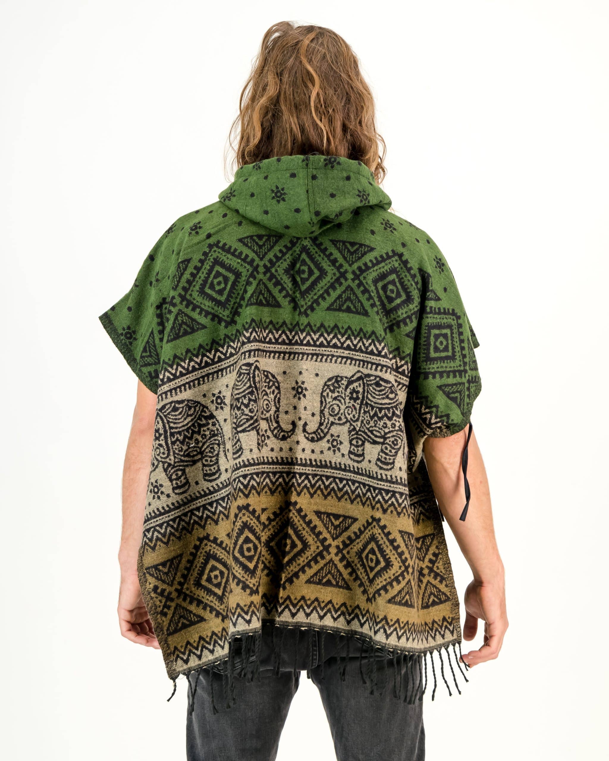 SKA Elephant Square Hoodie Poncho With Tassels- Green Natural