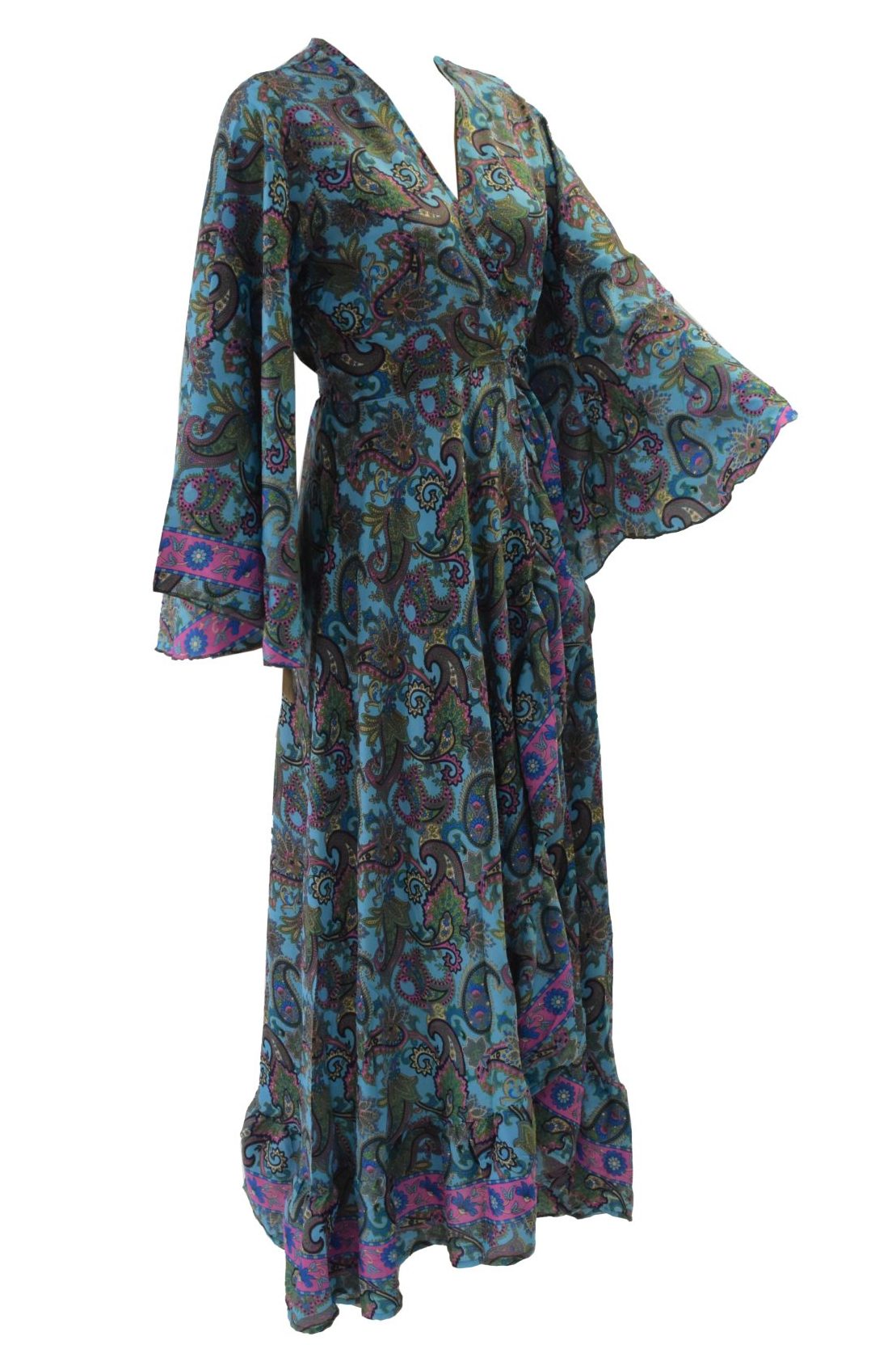 SKA Boho Flare Bell Sleeves Maxi Wrap Kimono Dress- Ibiza Turquoise Pink Paisley.