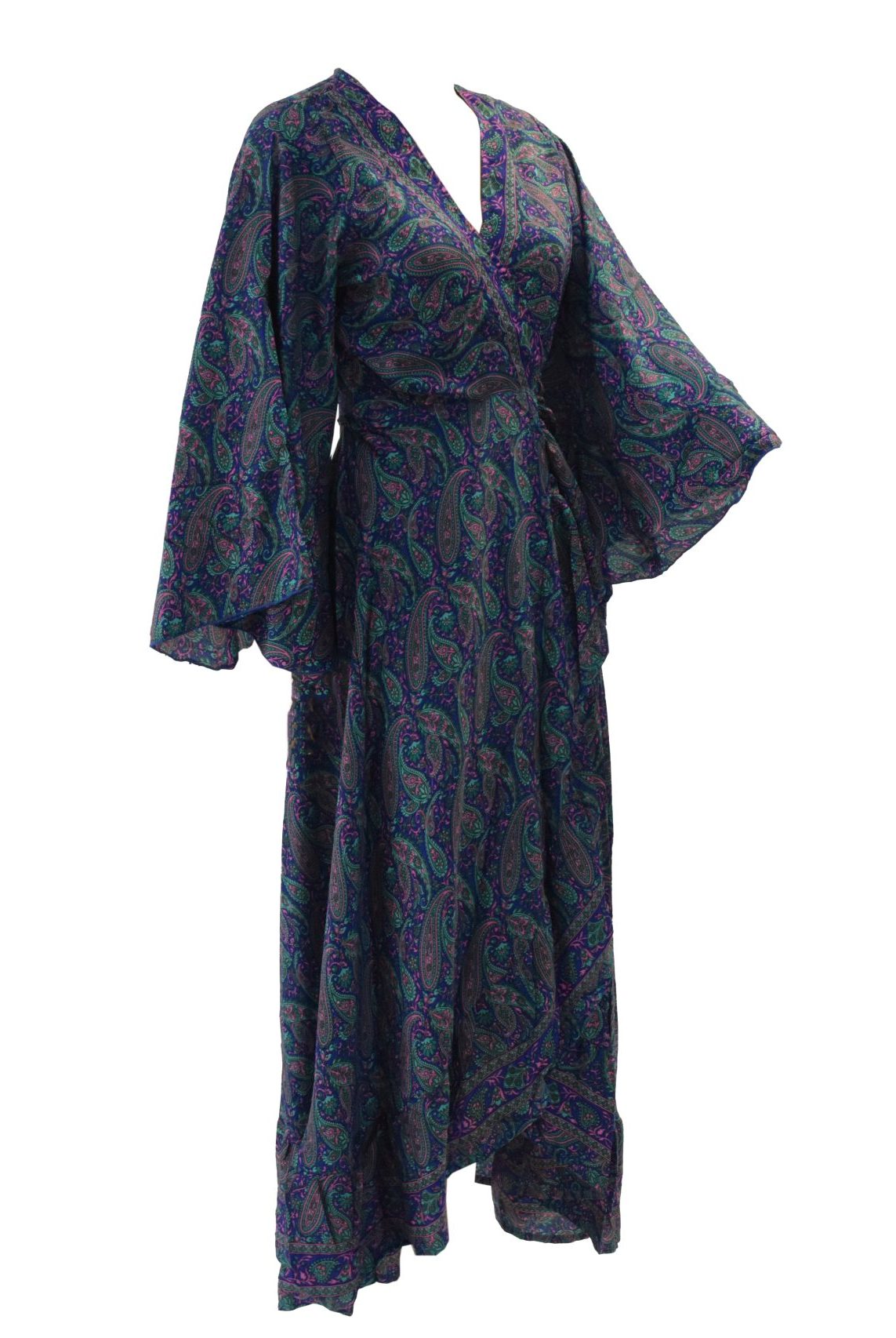 SKA Boho Flare Bell Sleeves Maxi Wrap Kimono Dress- Ibiza Blue Green Paisley.