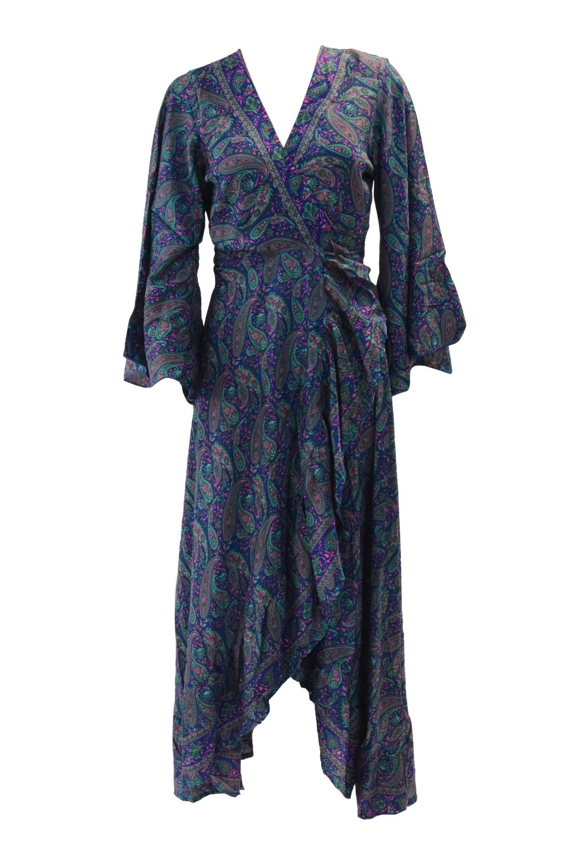 SKA Boho Flare Bell Sleeves Maxi Wrap Kimono Dress- Ibiza Blue Green Paisley.