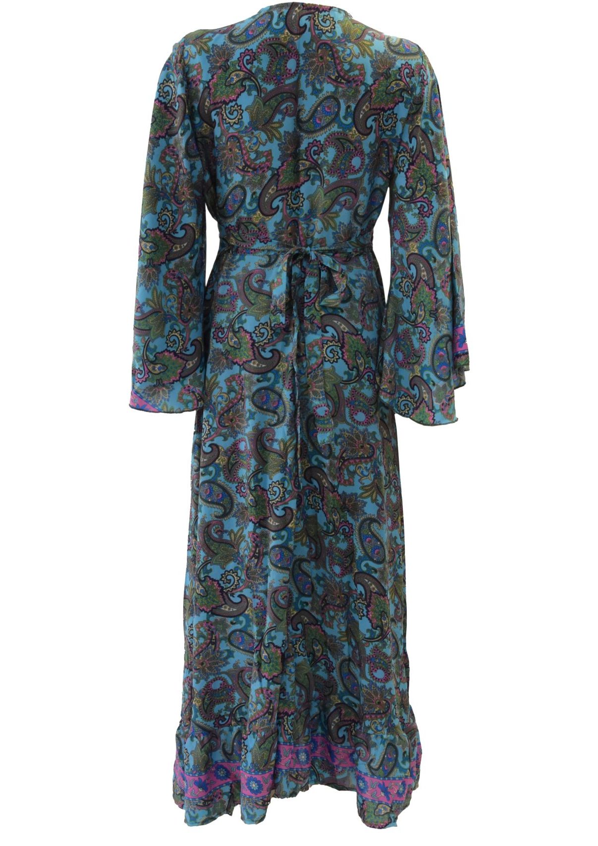 SKA Boho Flare Bell Sleeves Maxi Wrap Kimono Dress- Ibiza Turquoise Pink Paisley.