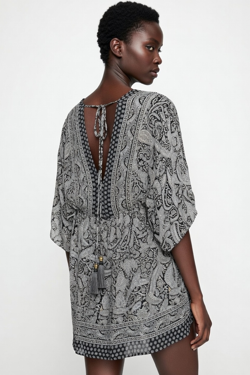 SKA V-Neck Silky Viscose Kaftan Batwings Summer Short Bombay Dresses- Black and White