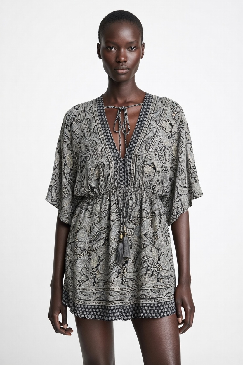 SKA V-Neck Silky Viscose Kaftan Batwings Summer Short Bombay Dresses- Black and White