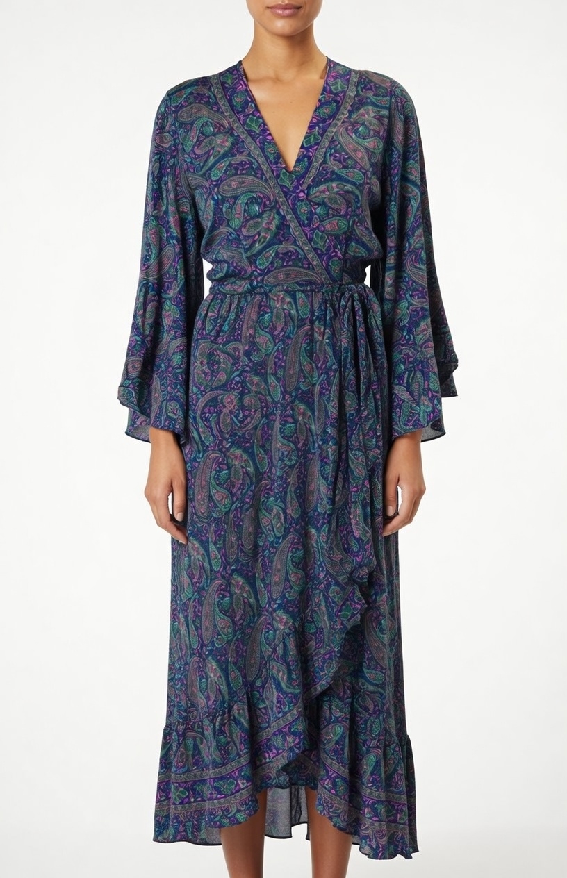 SKA Boho Flare Bell Sleeves Maxi Wrap Kimono Dress- Ibiza Blue Green Paisley.