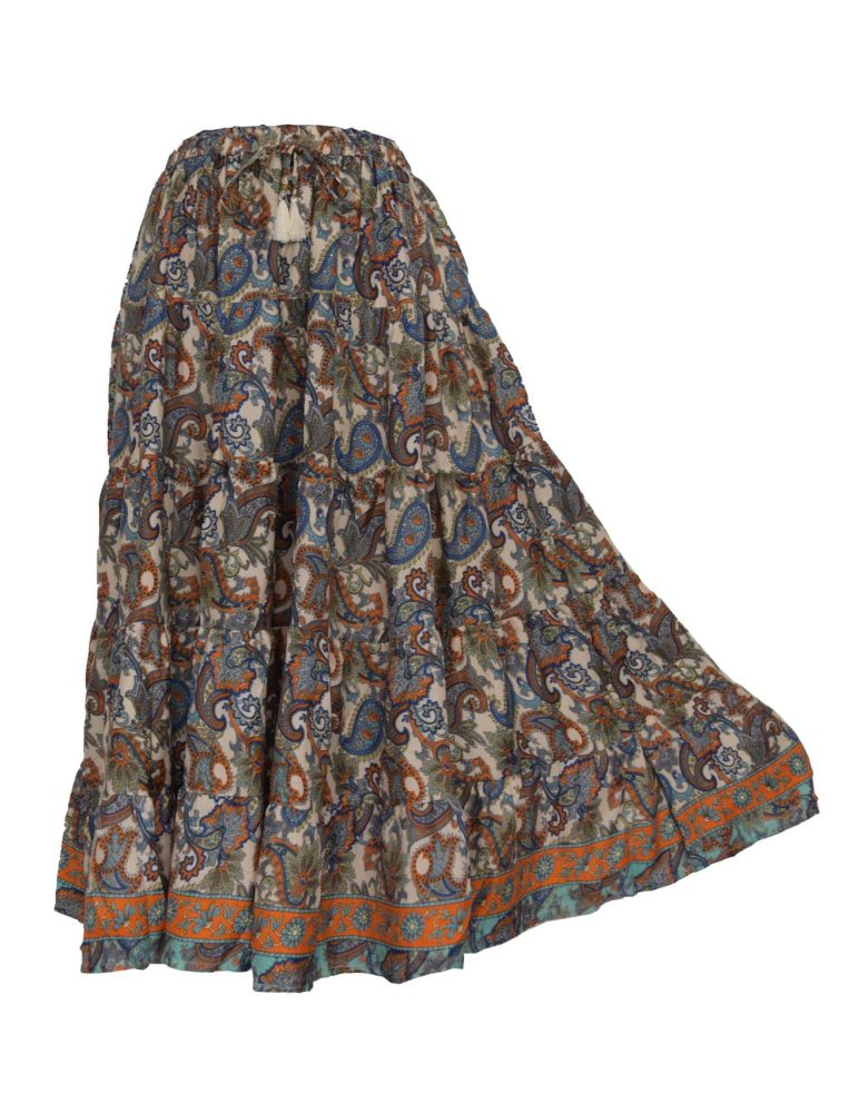 SKA Boho Gypsy Viscose Skirt – Natural Orange and Blue