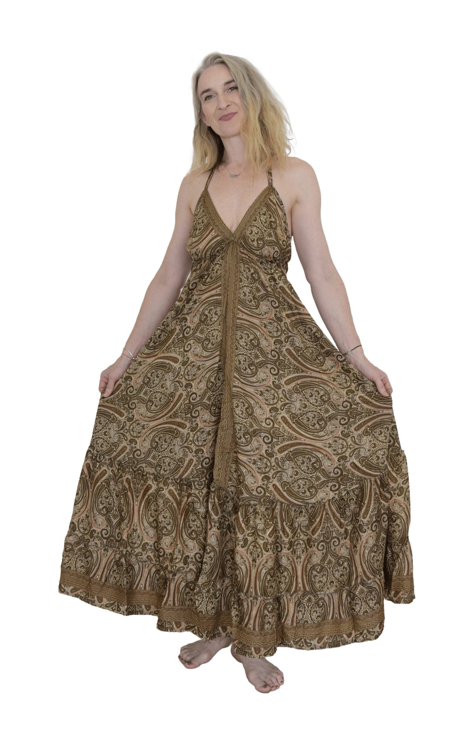 SKA Maxi Boho Gypsy Viscose Dress- Brown Natural Paisley Flower