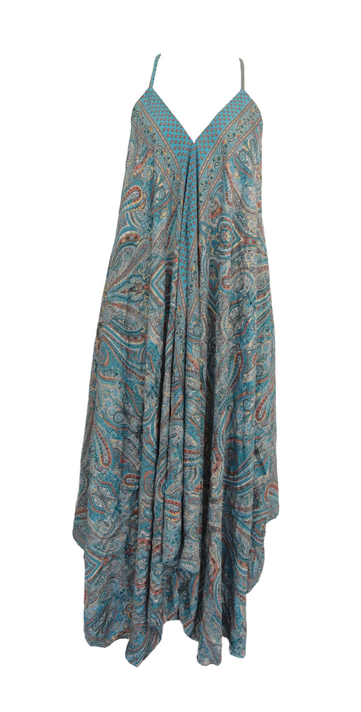 SKA Maxi Florida Viscose Dress in Teal-Orange-Gold - A vibrant dress with a playful tie detail at the back, perfect for sunny days and warm evenings