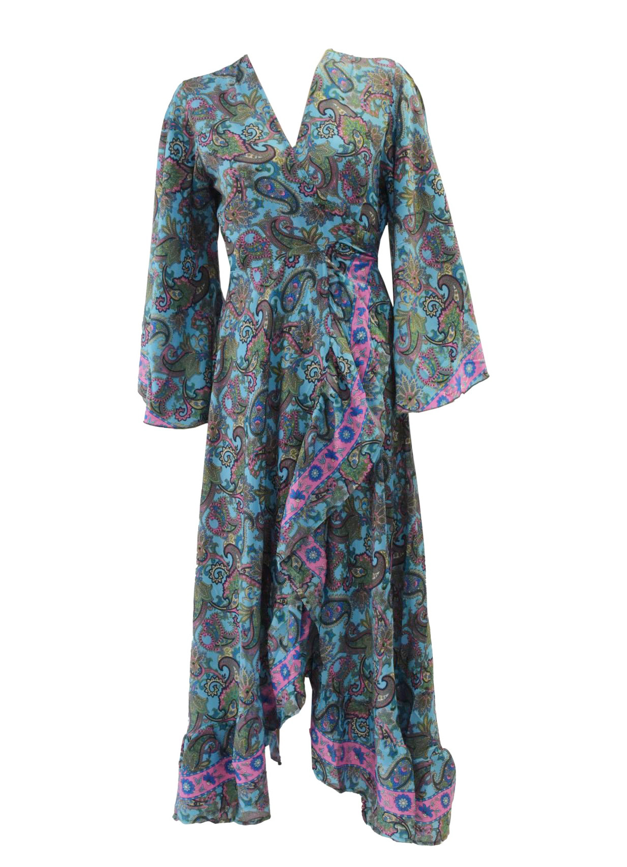 SKA Boho Flare Bell Sleeves Maxi Wrap Kimono Dress- Ibiza Turquoise Pink Paisley.