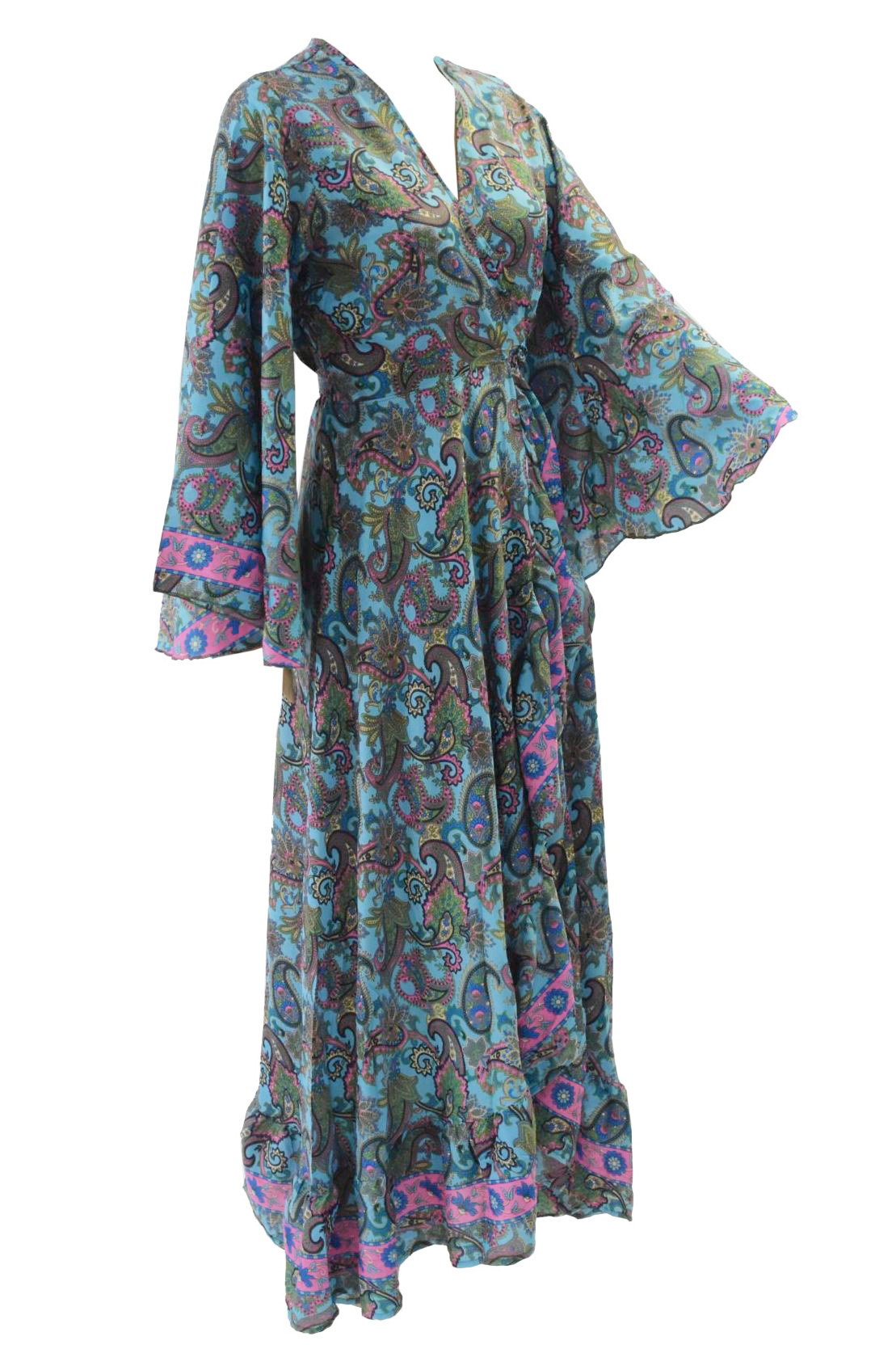 SKA Boho Flare Bell Sleeves Maxi Wrap Kimono Dress- Ibiza Turquoise Pink Paisley.