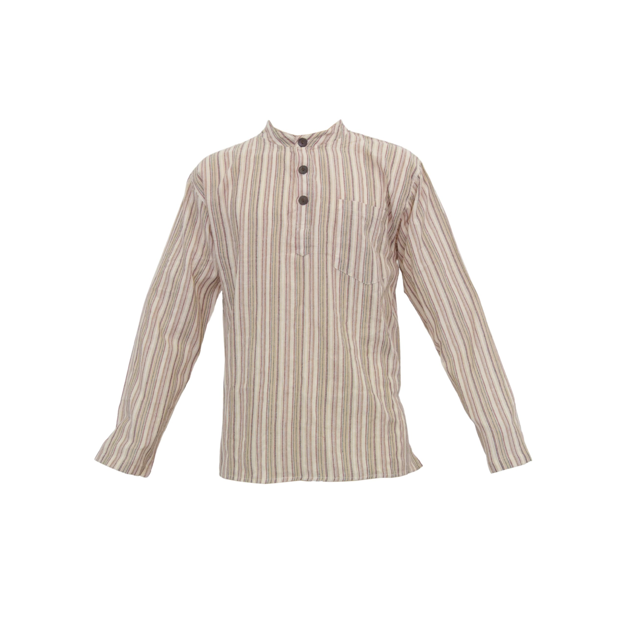 SKA Classic Nepalese Boho Striped Mandarin Kurta Shirt- BEIGE