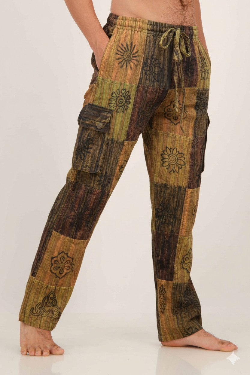SKA Hippie Nepalese Thick Striped Blockprint Patchwork Pants - Brown