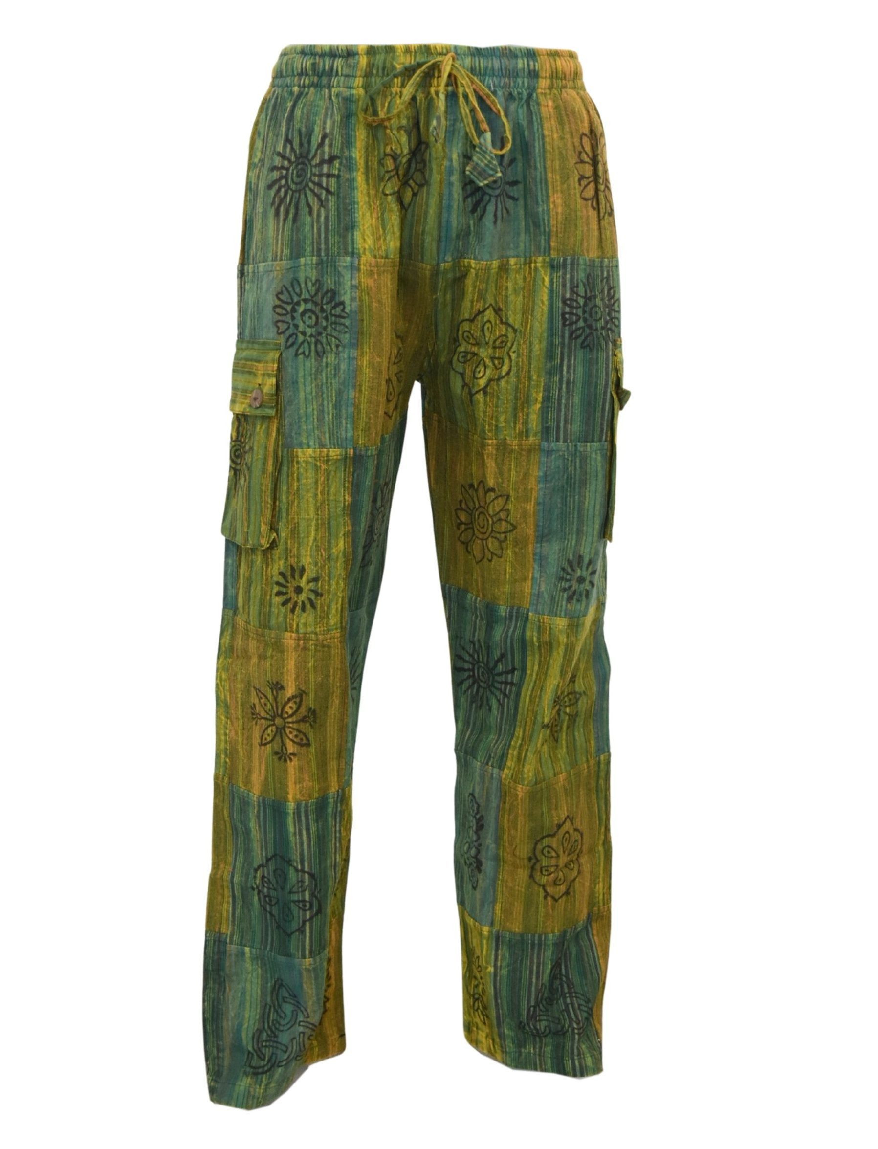 SKA Hippie Nepalese Striped Blockprint Patchwork Pants Green