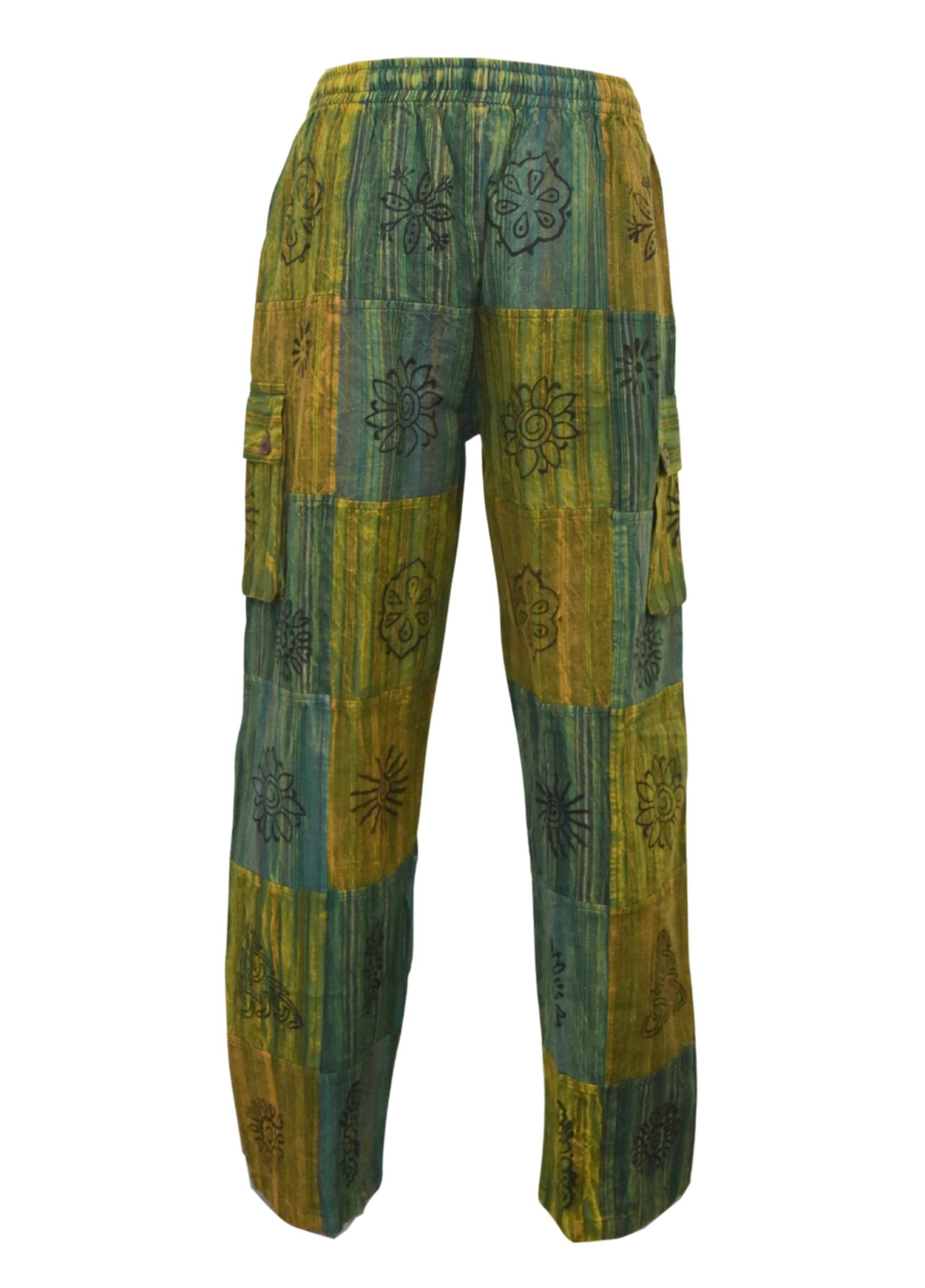 SKA Hippie Nepalese Striped Blockprint Patchwork Pants green