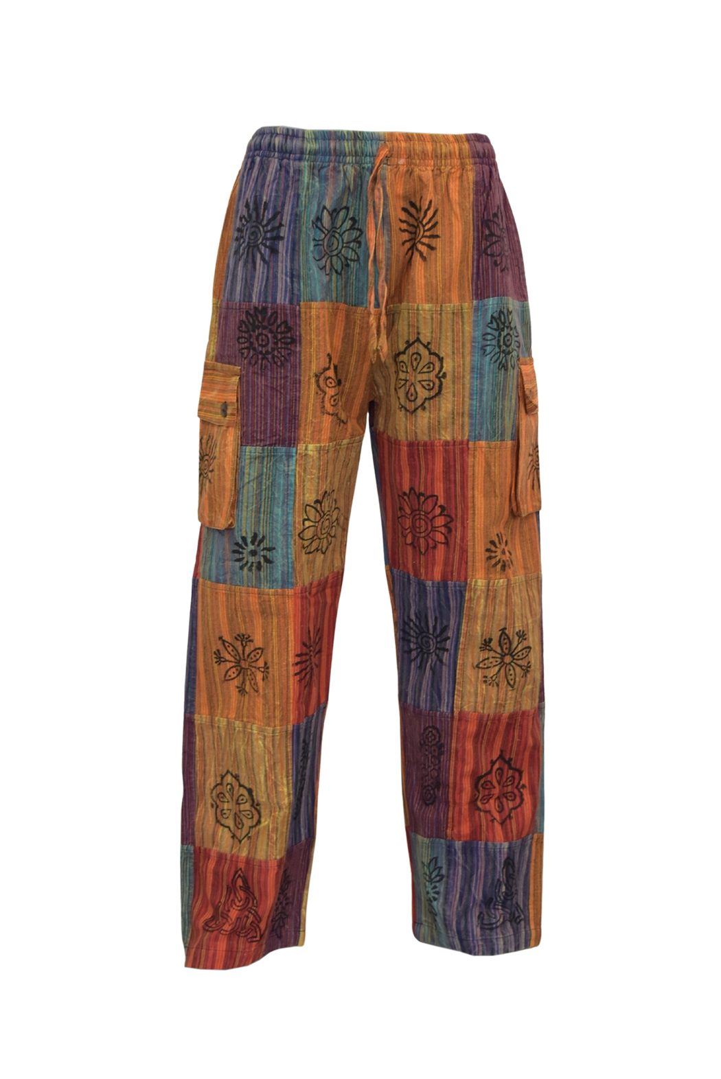 SKA Unisex Hippie Nepalese Striped Blockprint Patchwork Pants – Red - Orange