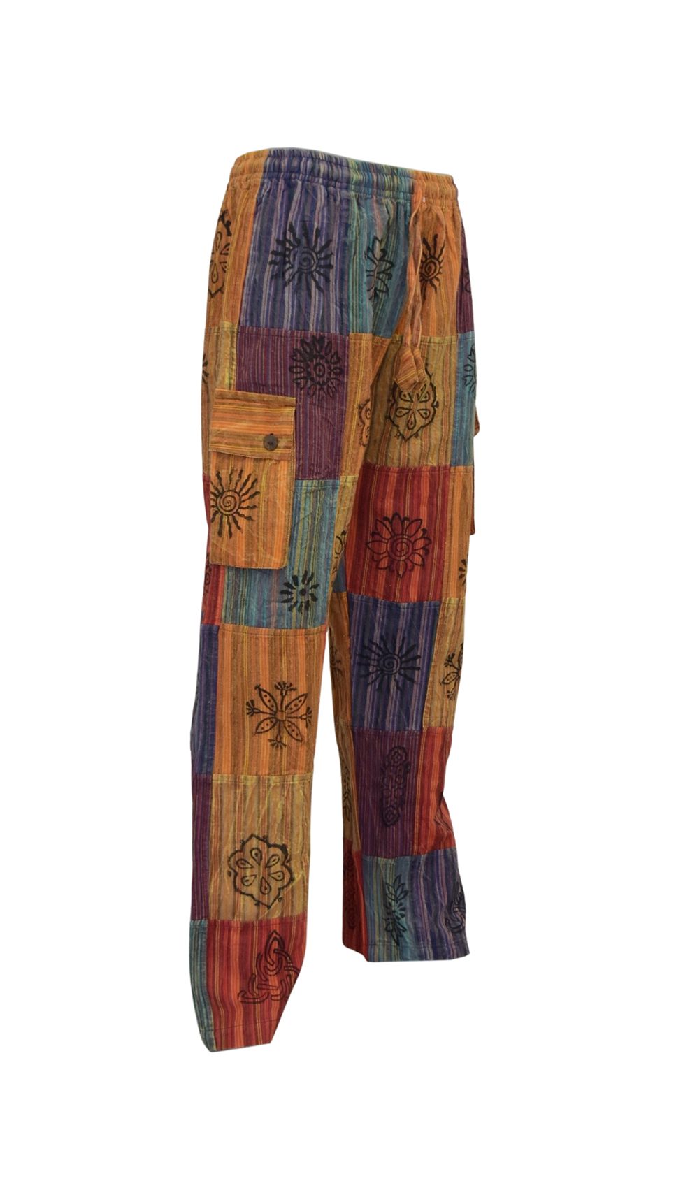SKA Unisex Hippie Nepalese Striped Blockprint Patchwork Pants – Red - Orange
