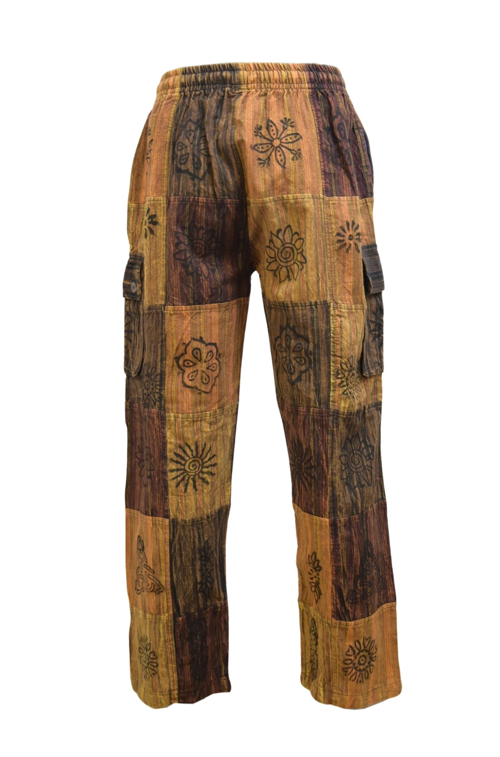 SKA Hippie Nepalese Thick Striped Blockprint Patchwork Pants - Brown