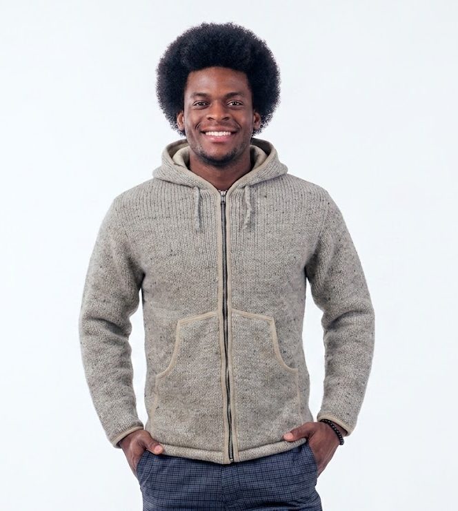 Grey handmade wool fleece hoodie with full zip front, fleece lining, front pockets, and traditional Nepalese design.